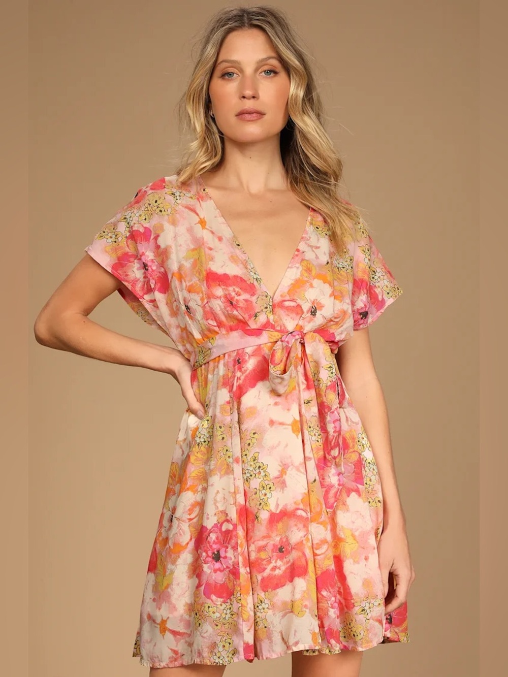 Free People Sz M Freddy Floral Tie V Neck Flowy Mini Dress